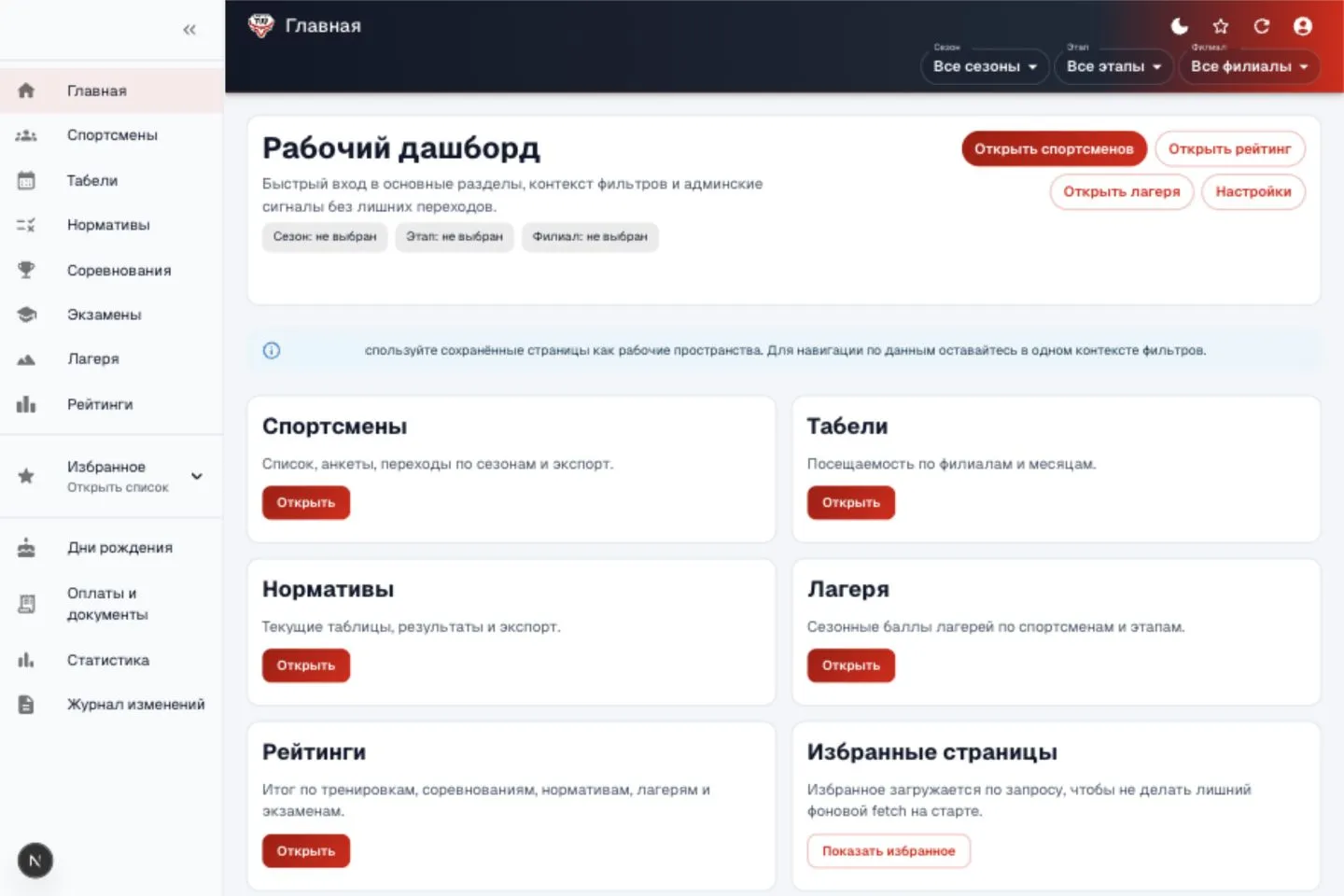Клуб ТУР: главный рабочий дашборд PWA-системы управления спортивным клубом